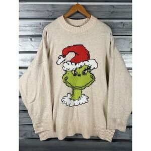 American Eagle The Grinch Christmas Sweater Mens XXL Beige Pullover Long Sleeve
